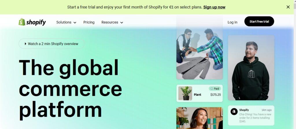 Shopify homepage start free trial